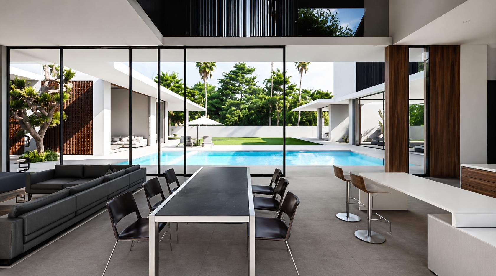 Contemporary villa terrace with pool and outdoor seating