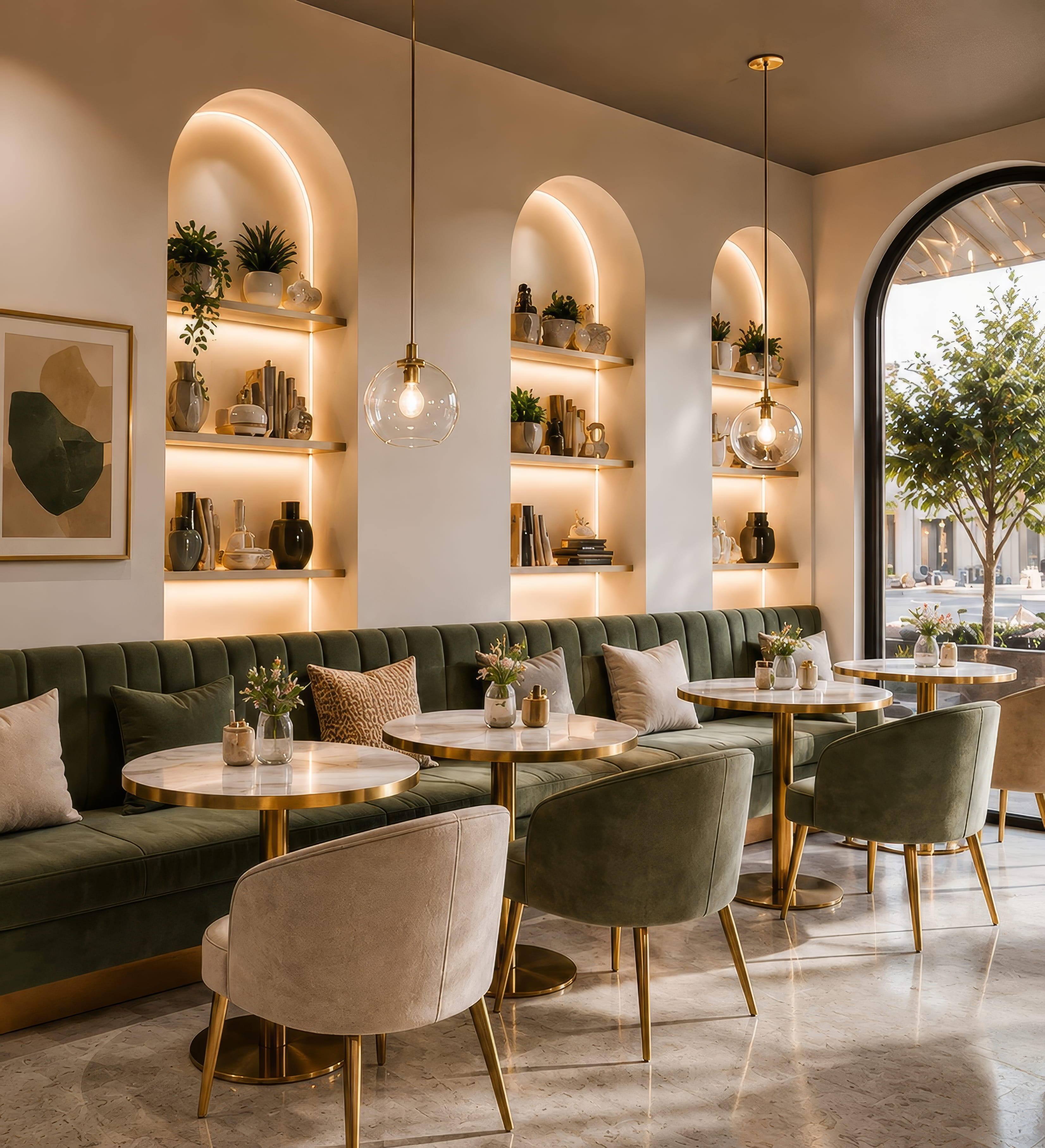 Refined cafe interior with green seating and gold details