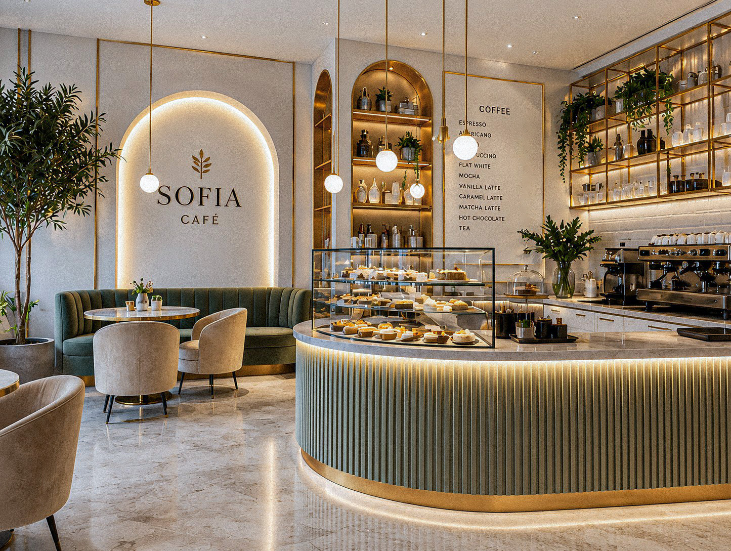 Sofia Cafe interior with warm stone and golden light