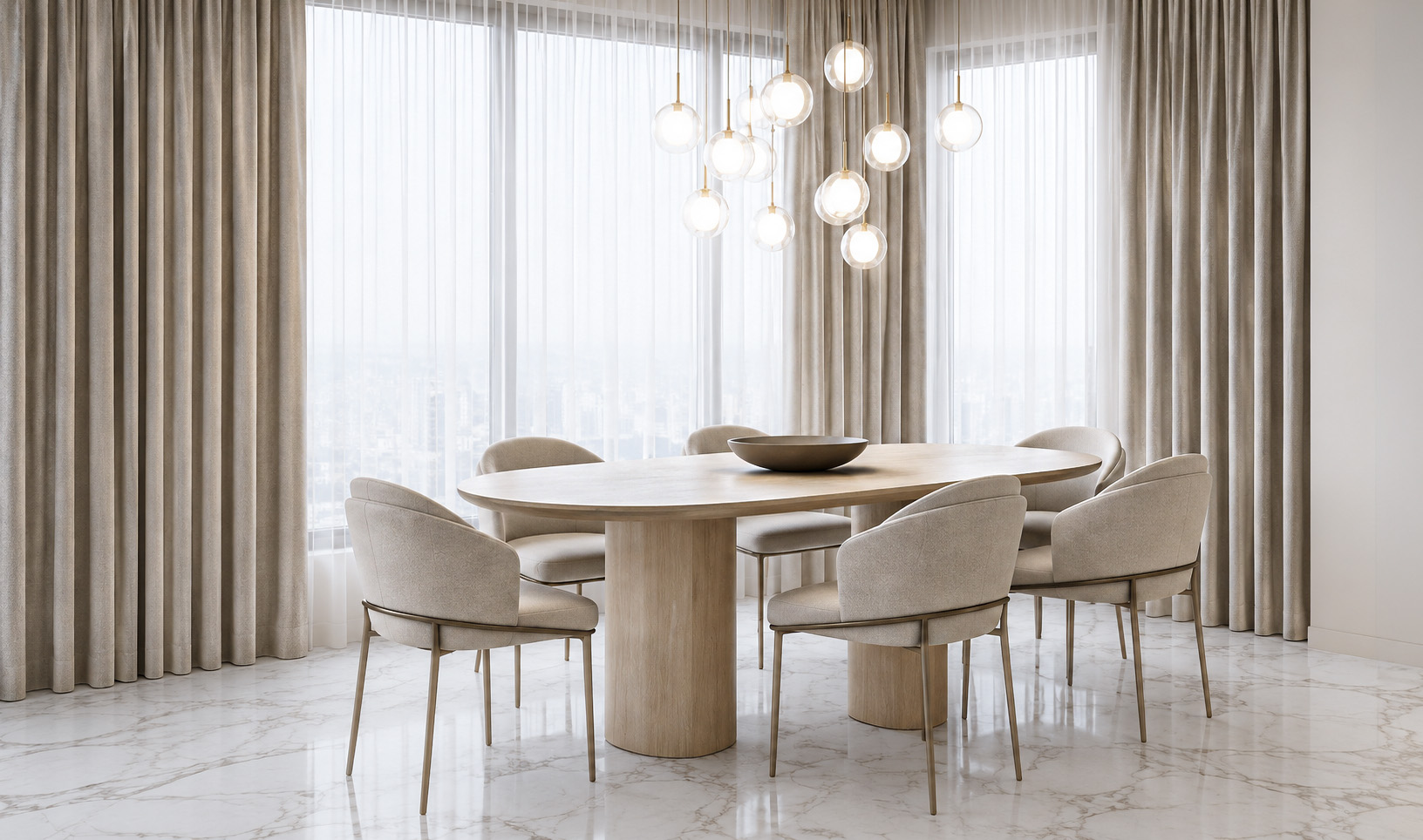 Dining area with an oval table, soft upholstered chairs, and panoramic windows