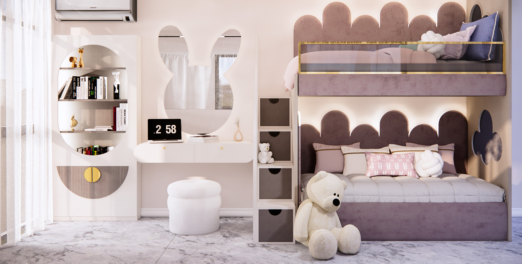 Girls bedroom interior with warm pink tones and bunk bed