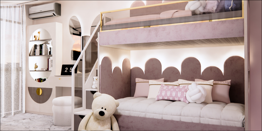 Girl's bedroom wide view with bunk bed, desk, and soft lighting