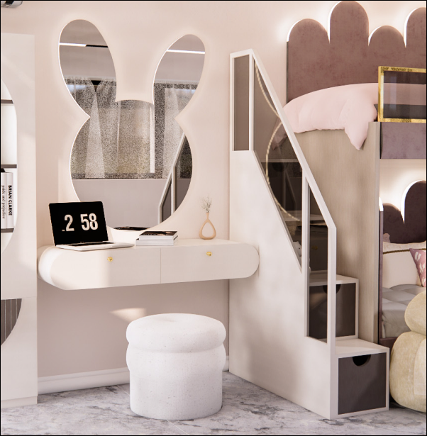 Girl's bedroom seating and bed detail with blush finishes