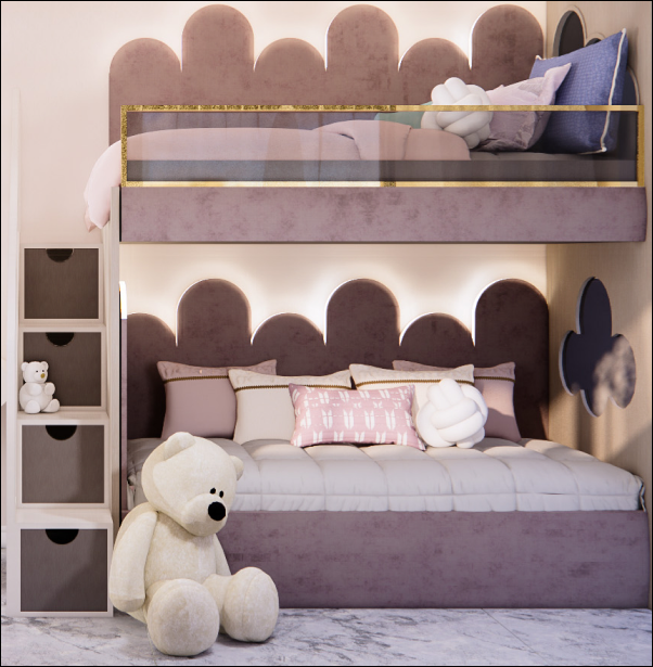 Girl's bedroom storage, staircase, and desk detail
