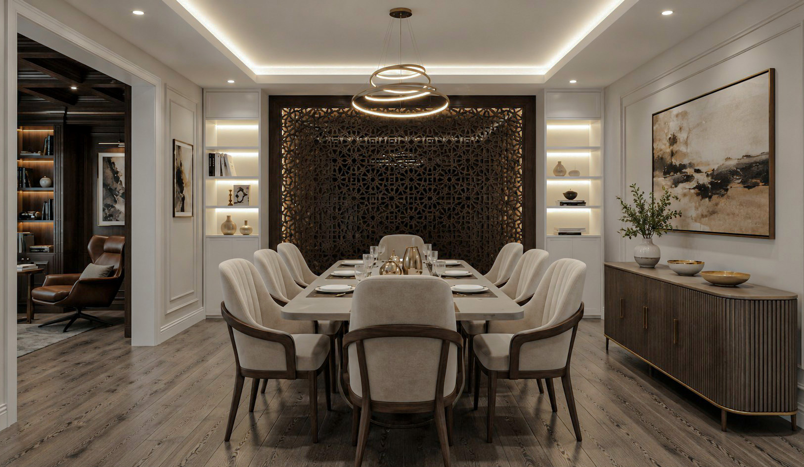 Villa dining area with a sculptural feature wall