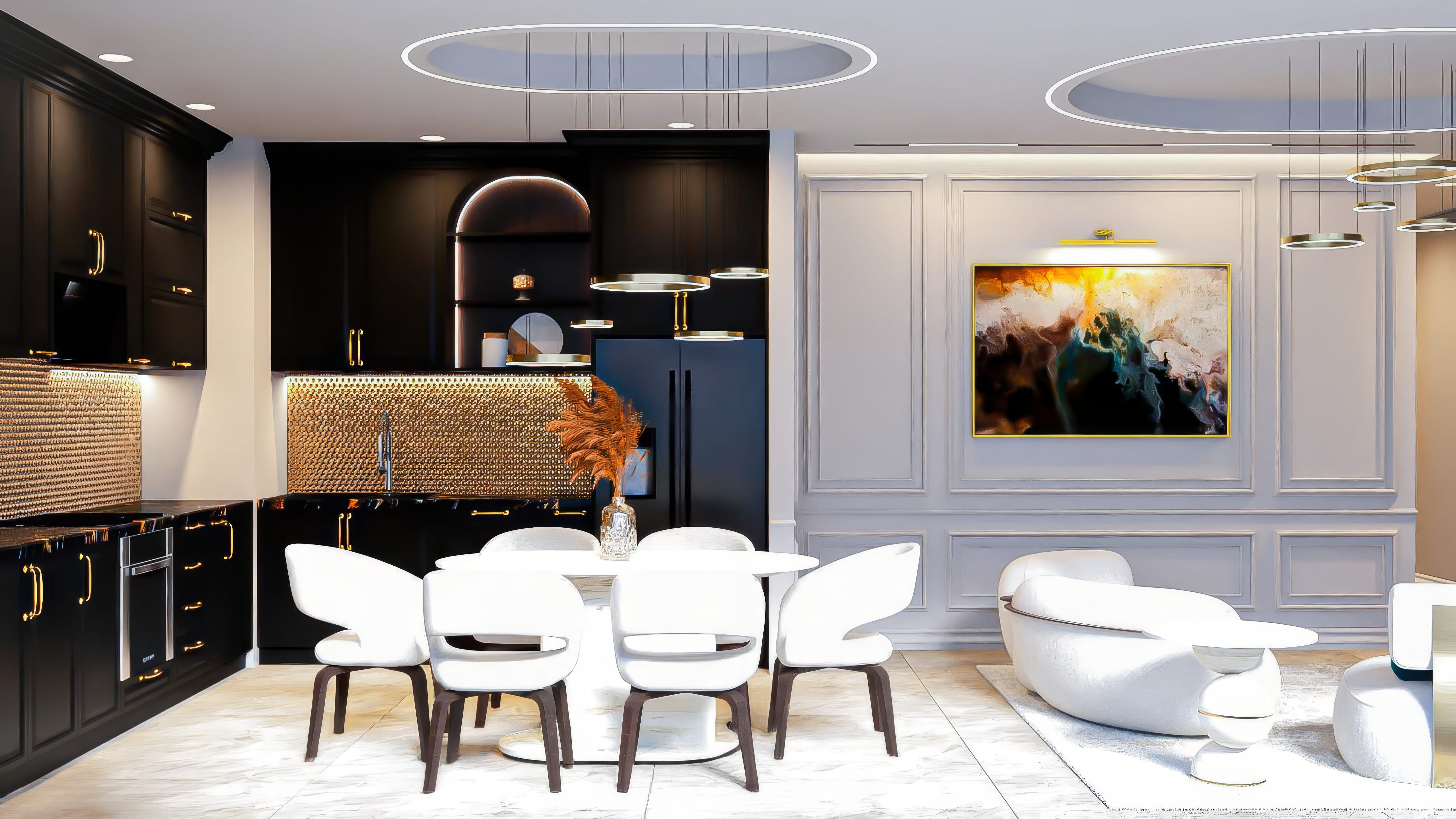 Luxury Living Room Kitchen Interior open-plan lounge and kitchen