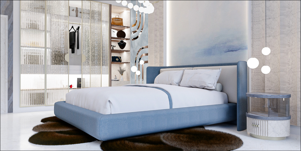 Luxury bedroom wide view with blue palette and sculptural bed wall