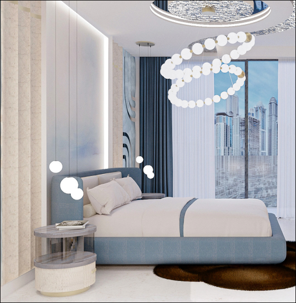 Luxury bedroom seating and bed detail with coastal tones