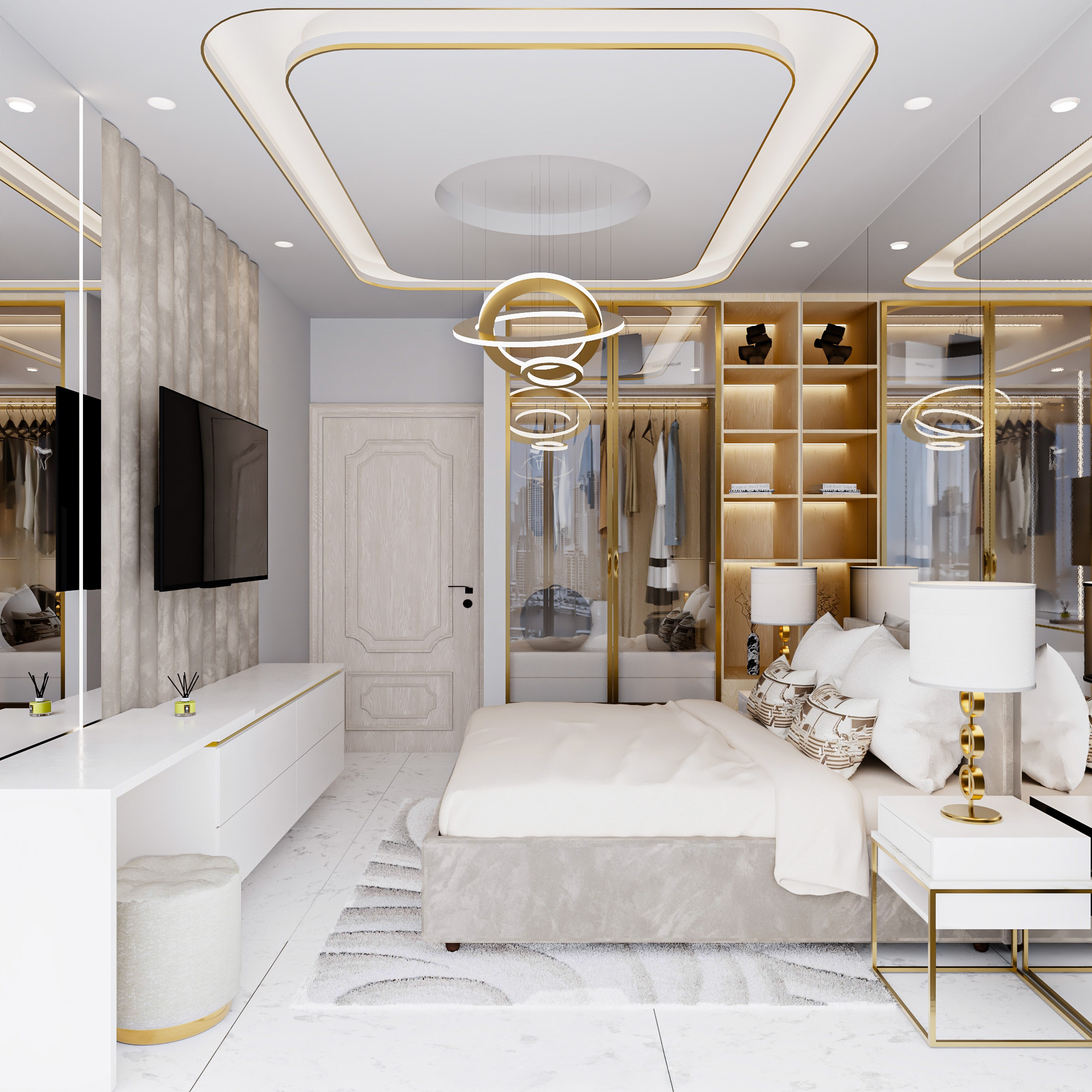 Luxury Bedroom Interior wide bedroom view with bed and city backdrop