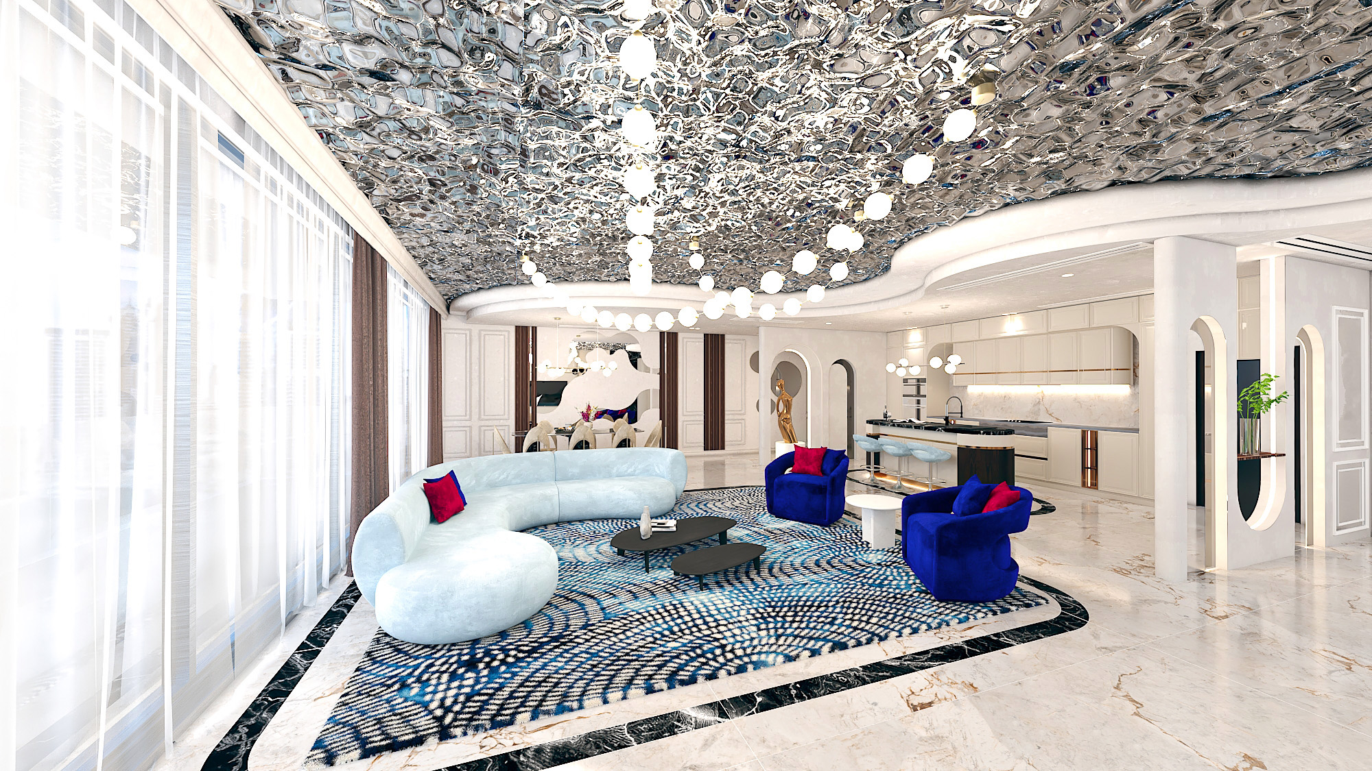 Luxury living room kitchen interior with sculptural seating and Blue Waters view