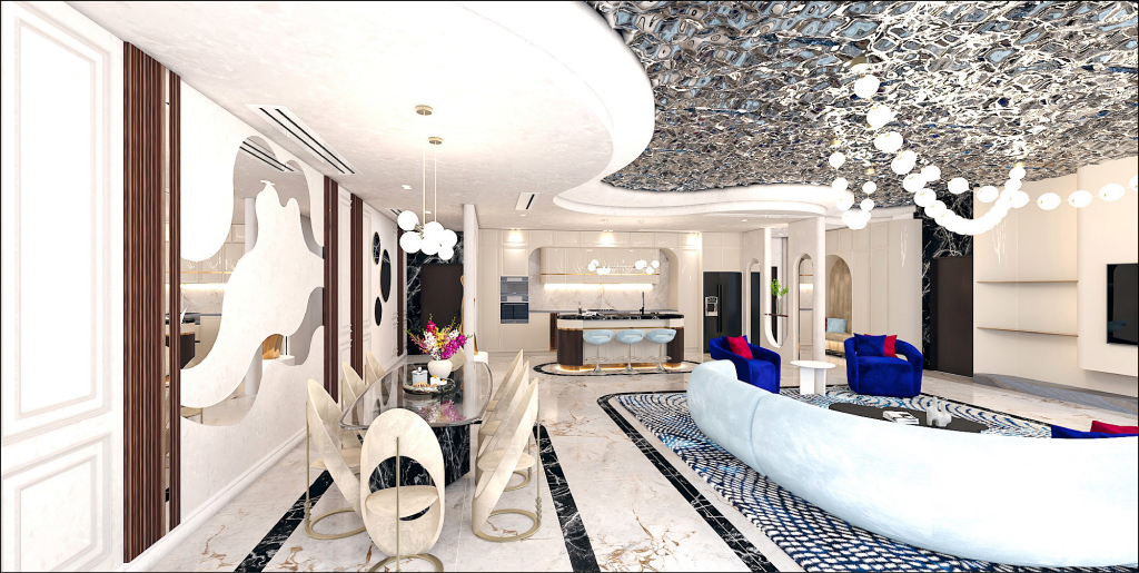 Luxury living room kitchen wide view with sculptural blue rug