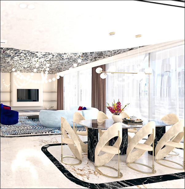 Luxury kitchen and dining detail with marble island