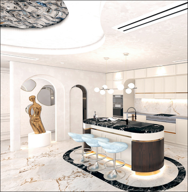 Luxury living room seating detail with curved wall and lighting