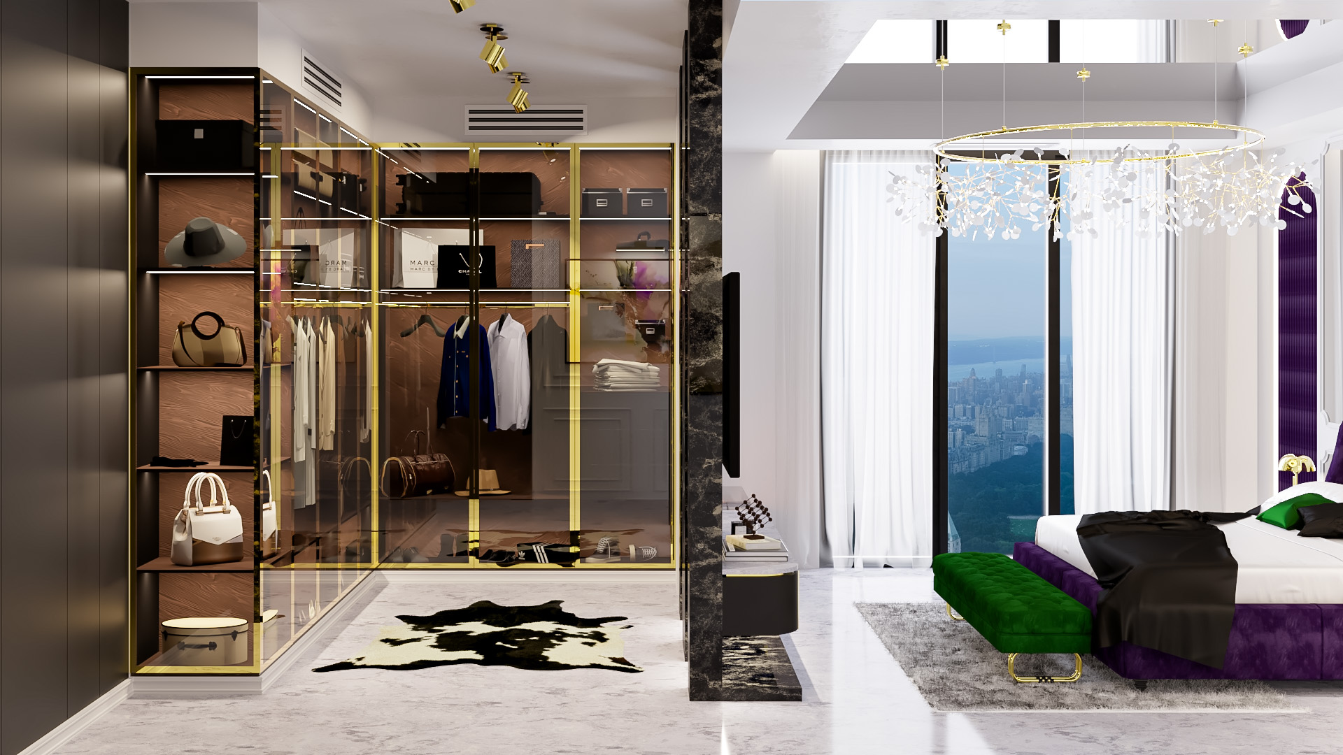 Luxury Master Bedroom Interior shelving and seating detail