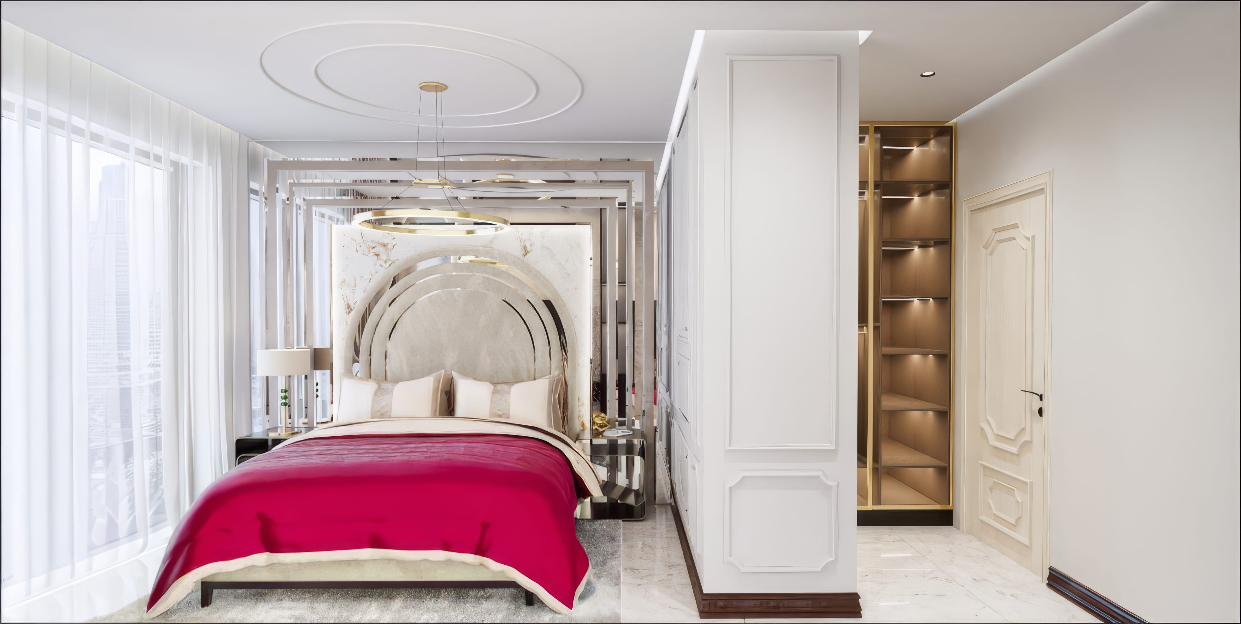 Luxury modern bedroom wide view with rose-inspired bedding accent