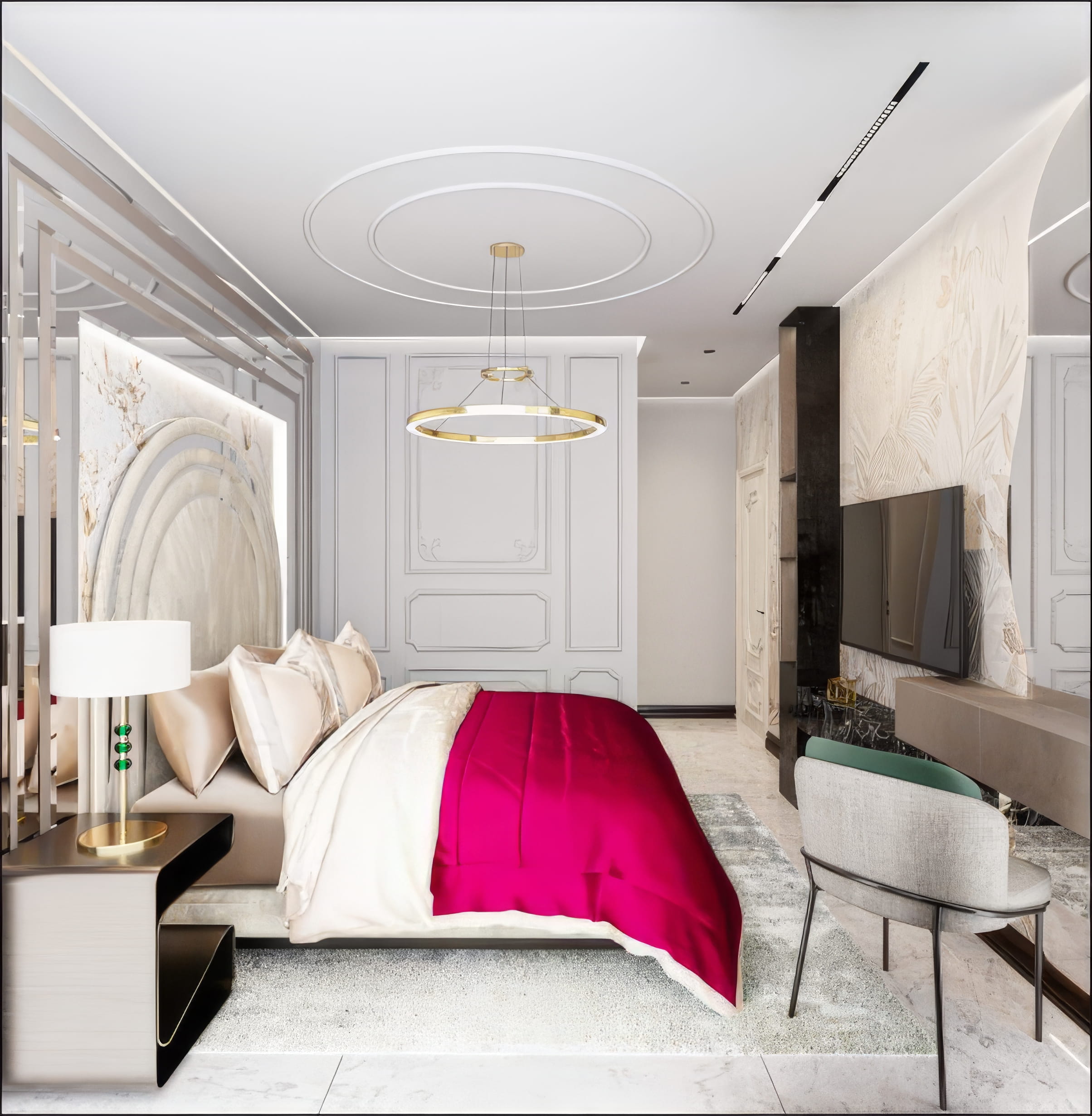 Luxury modern bedroom seating and bed detail with soft neutral palette