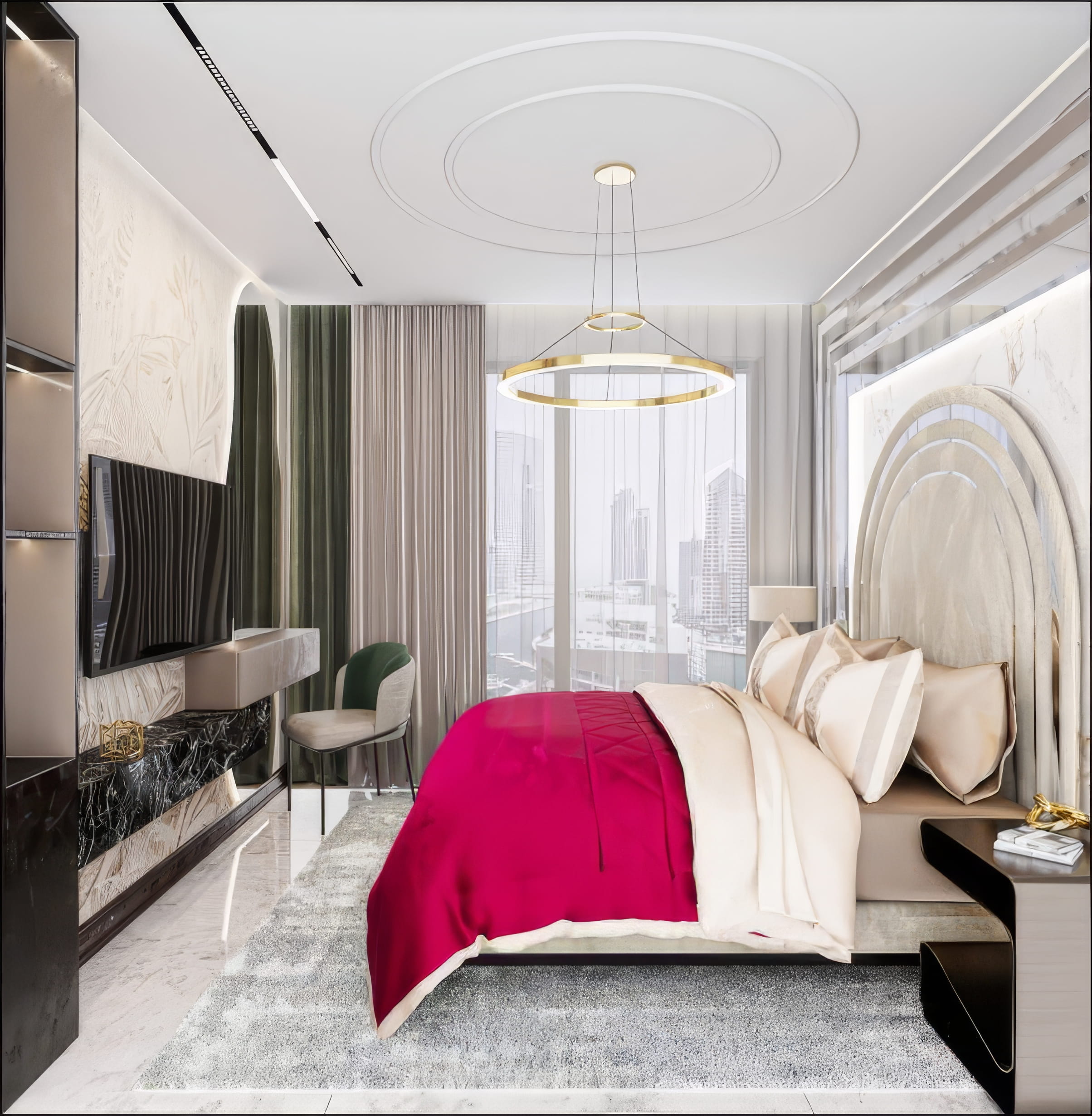 Luxury modern bedroom wall panel and vanity detail