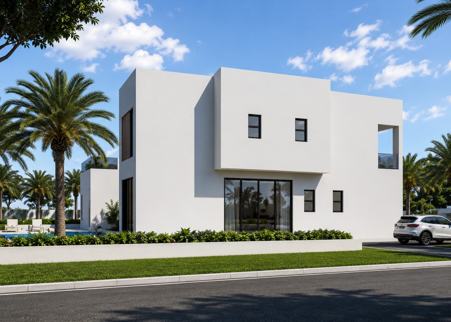 Luxury Villa white contemporary exterior with palm landscaping
