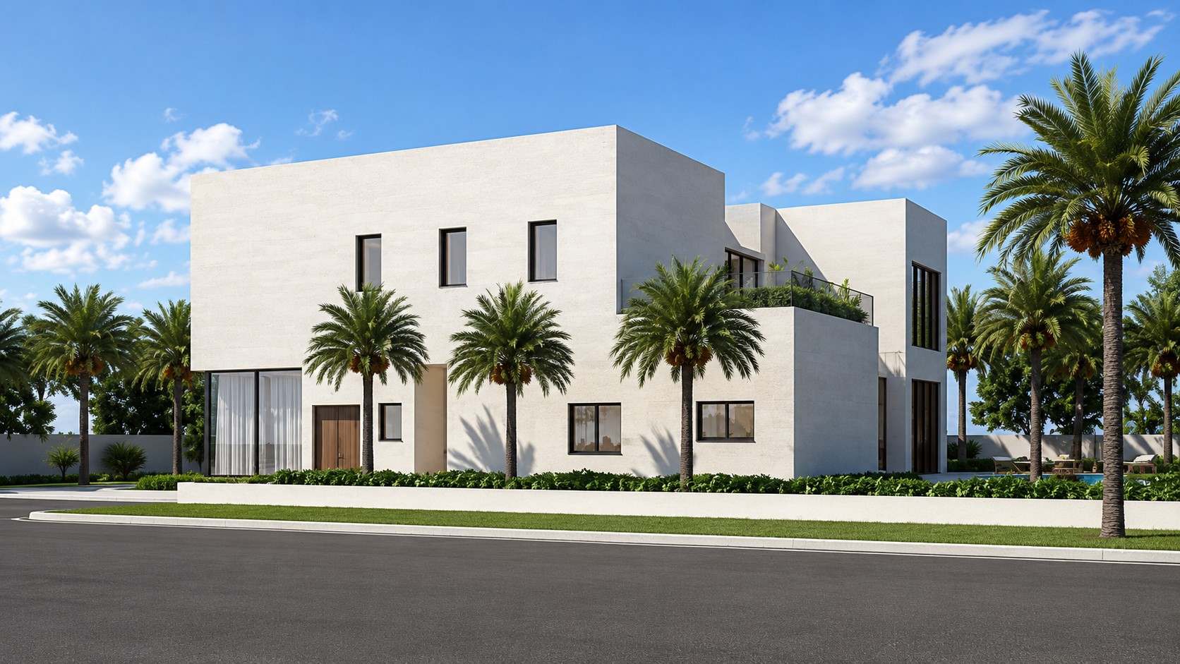 Luxury Villa front elevation with palm trees and road