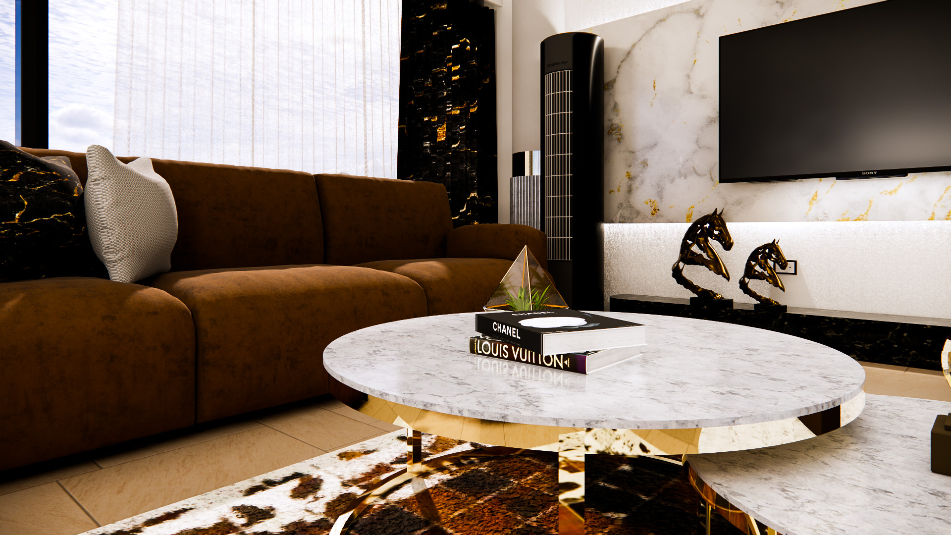 Brown sofa and marble coffee table in the living room