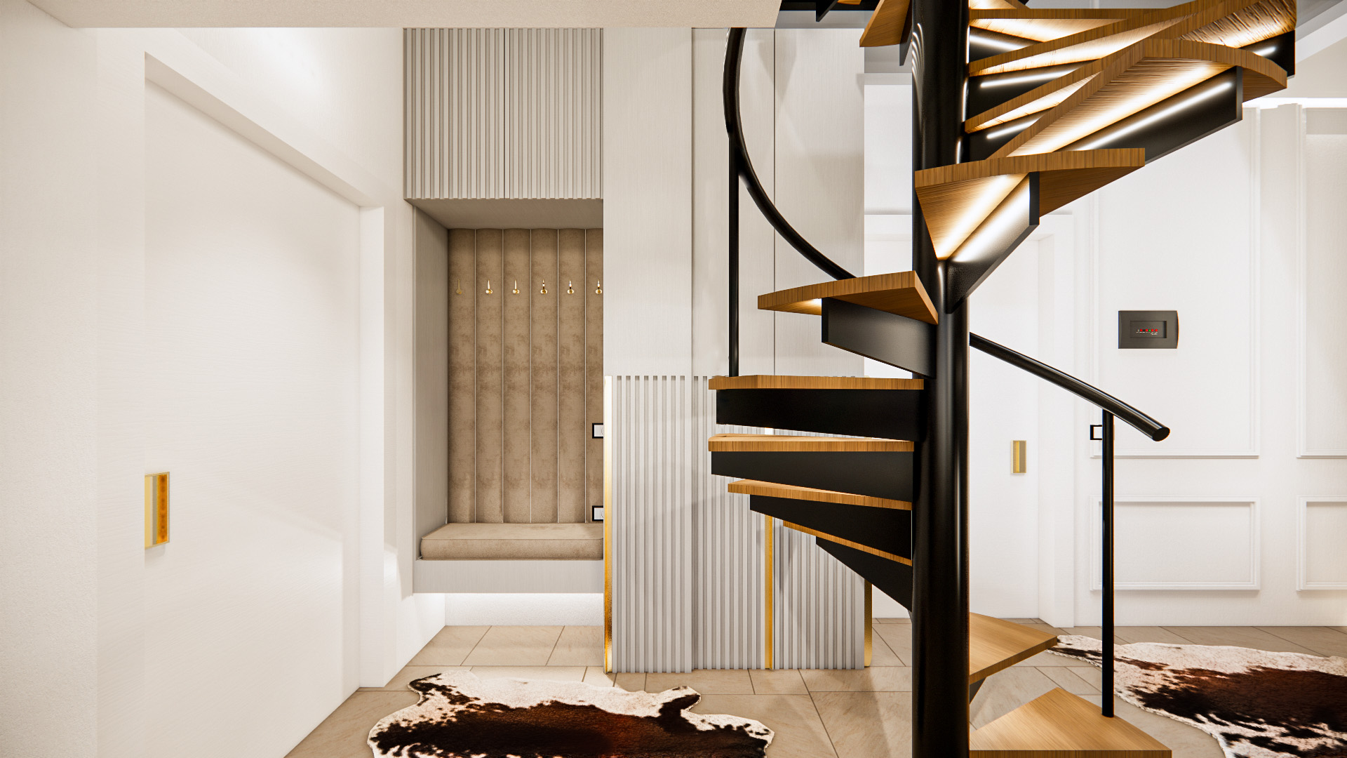 Foyer seating nook beside the sculptural spiral staircase