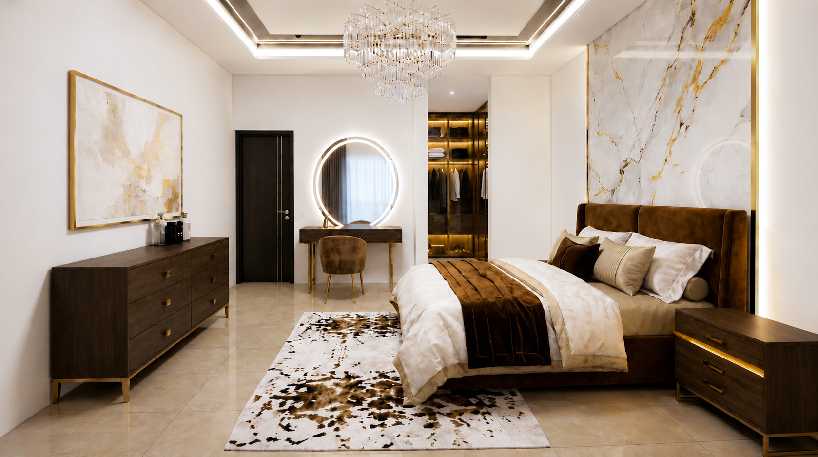 Bedroom with dark timber furniture and illuminated dressing table