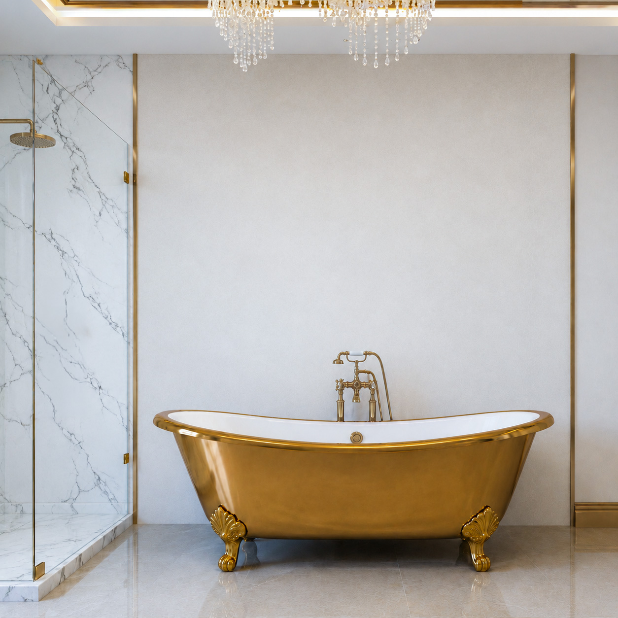 Gold freestanding bath beside a glass marble shower
