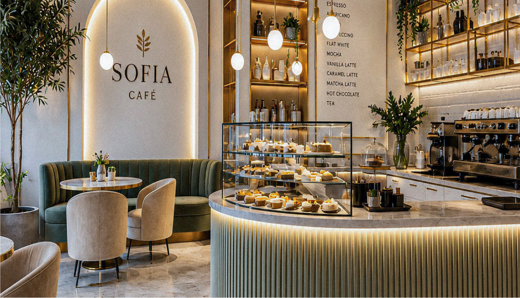 Sofia Cafe interior with warm seating, counters, and greenery