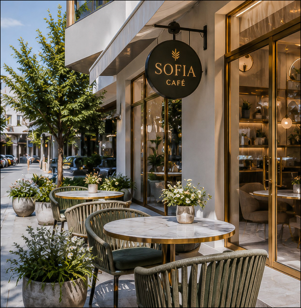 Sofia Cafe lounge detail with greenery and warm lighting