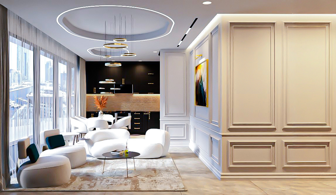 Living room and kitchen interior in Dubai Marina