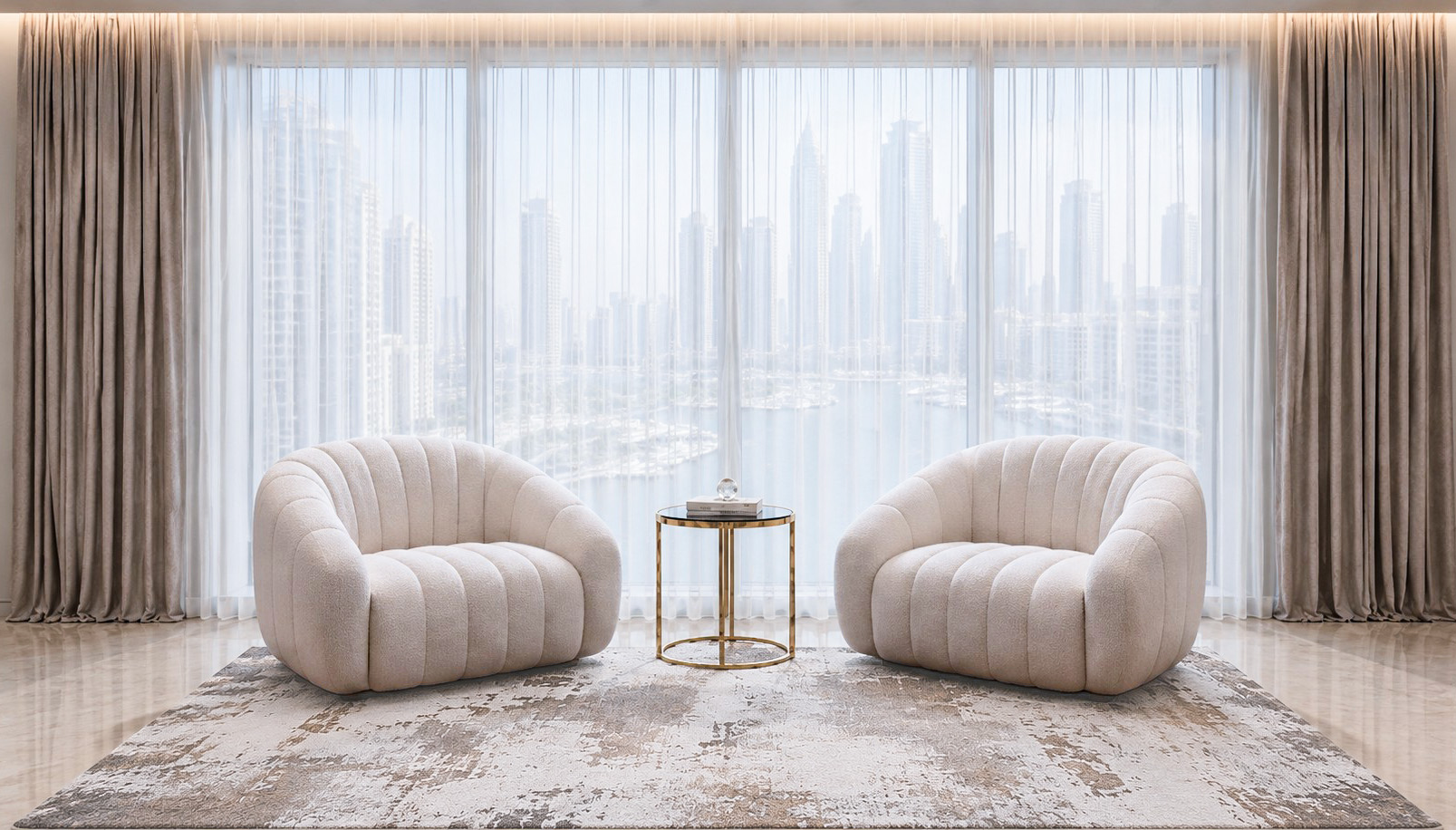 Bedroom seating area with Dubai Marina view
