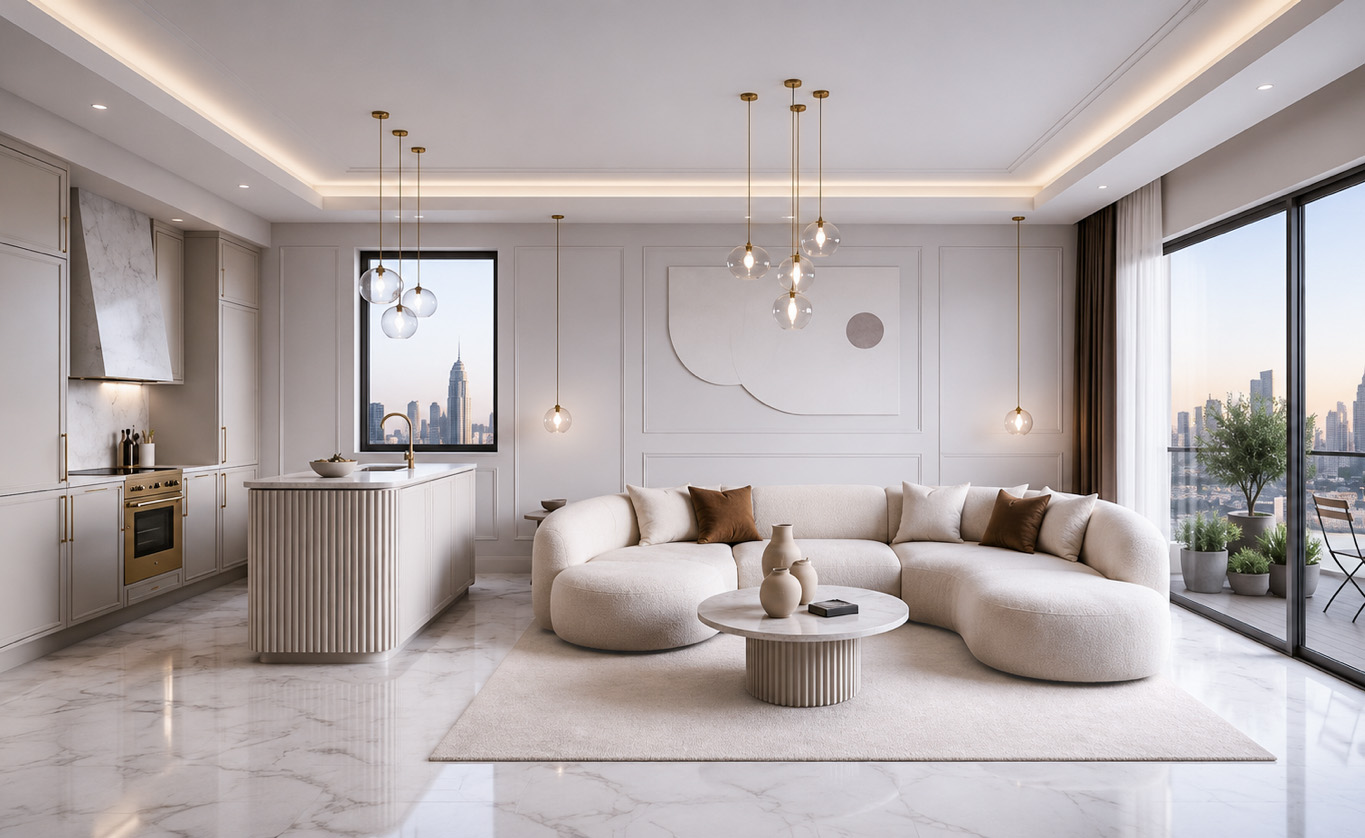 Open-plan living room and kitchen in warm neutral tones