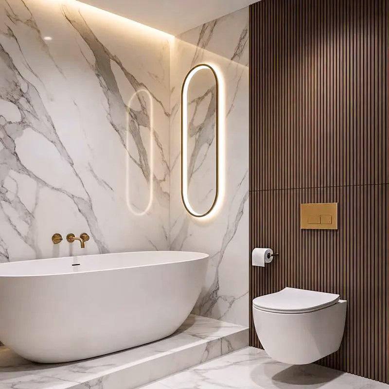 Compact marble bathroom with warm timber wall detail