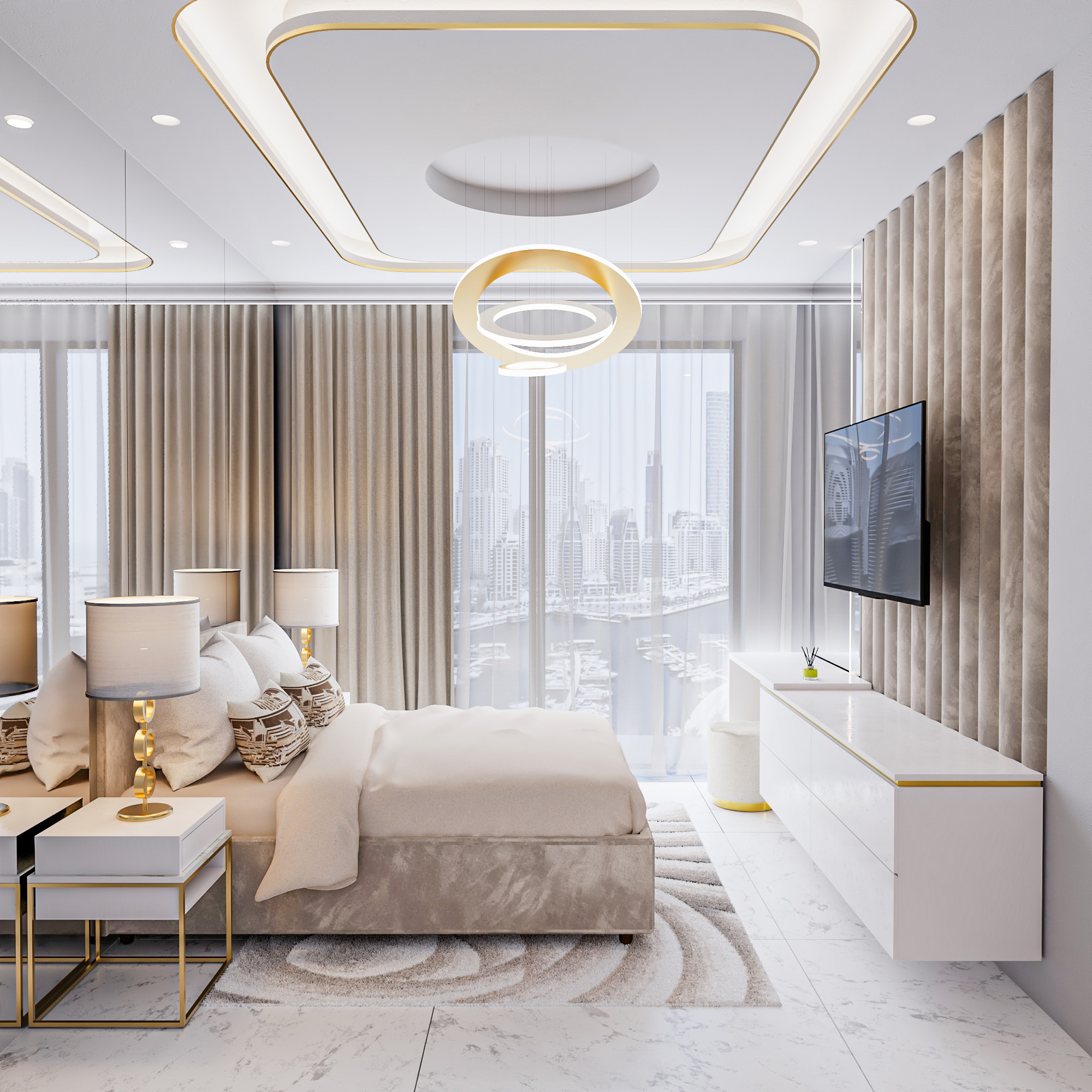 Luxury bedroom with marina views and sculptural ceiling light