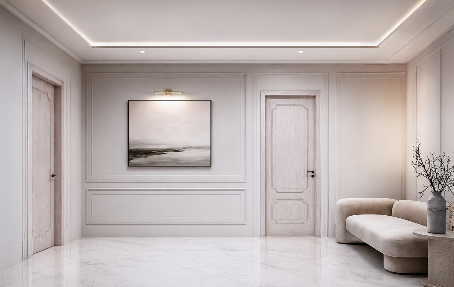 Minimal neutral entrance hall with classical wall mouldings
