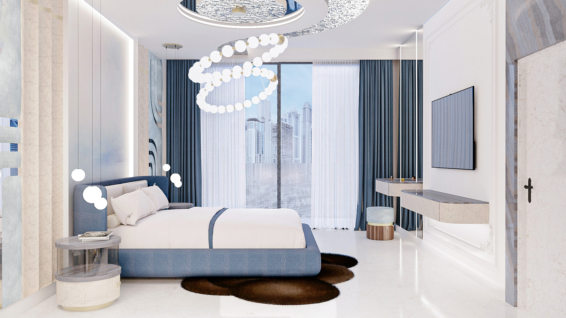 Luxury bedroom with blue accents and floating vanity