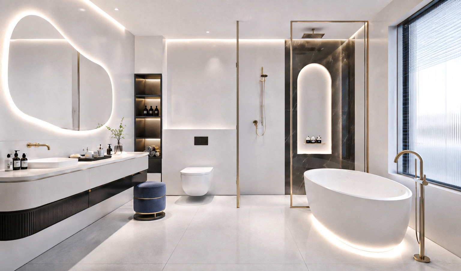 Luxury bathroom with freestanding illuminated bathtub