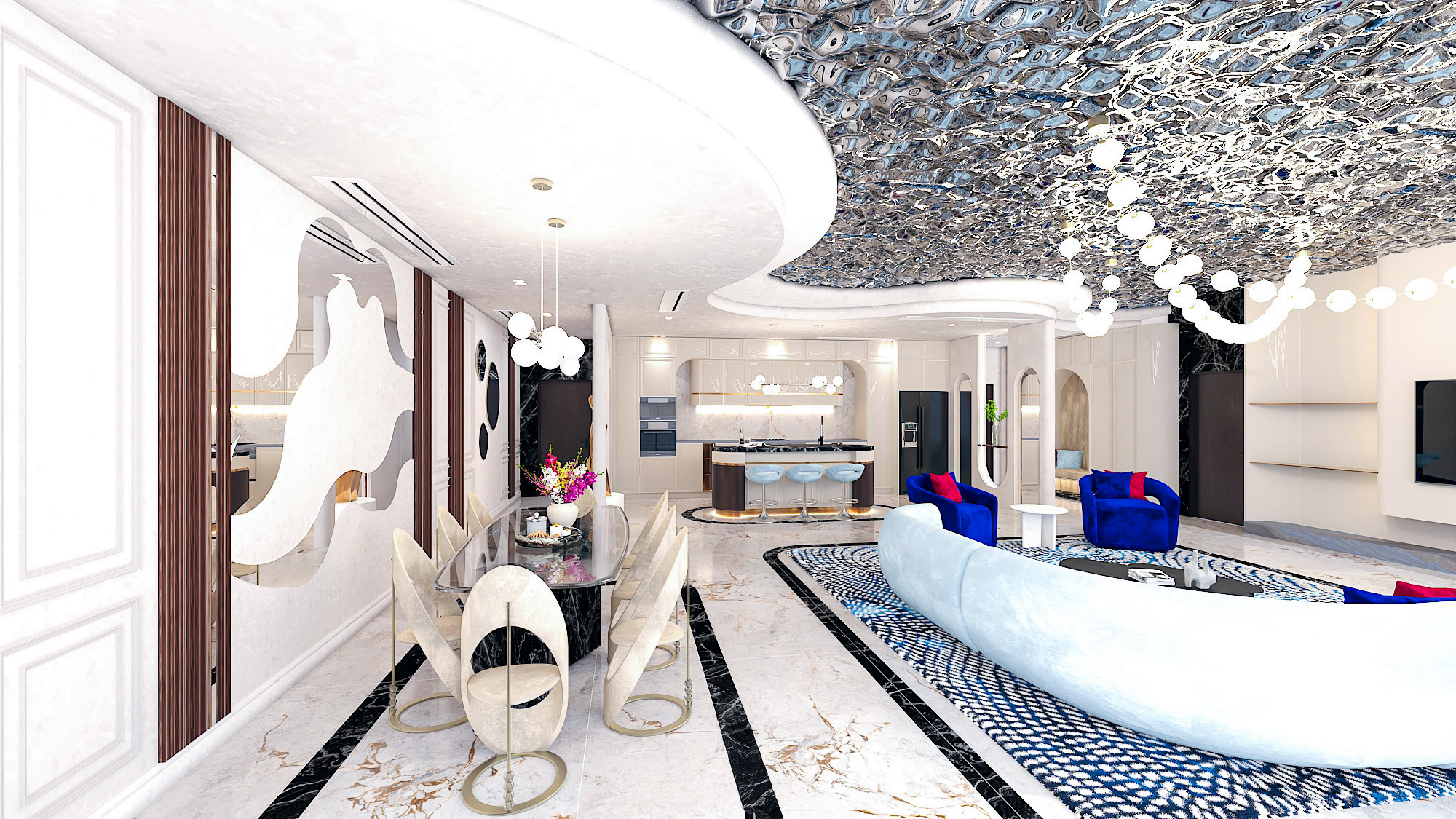 Bluewaters Apartment open-plan dining, kitchen, and living room with mirrored ceiling