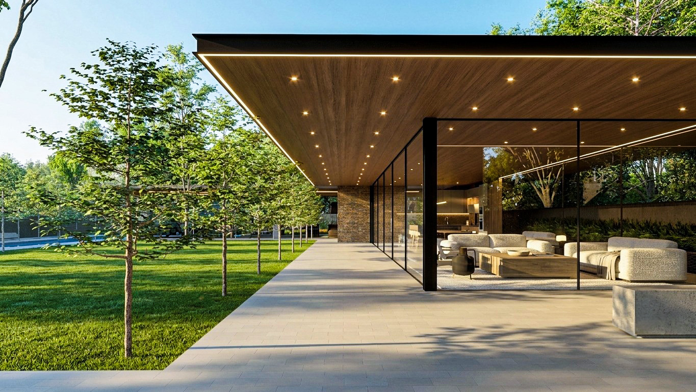 Deep shaded annex terrace extending toward the lawn