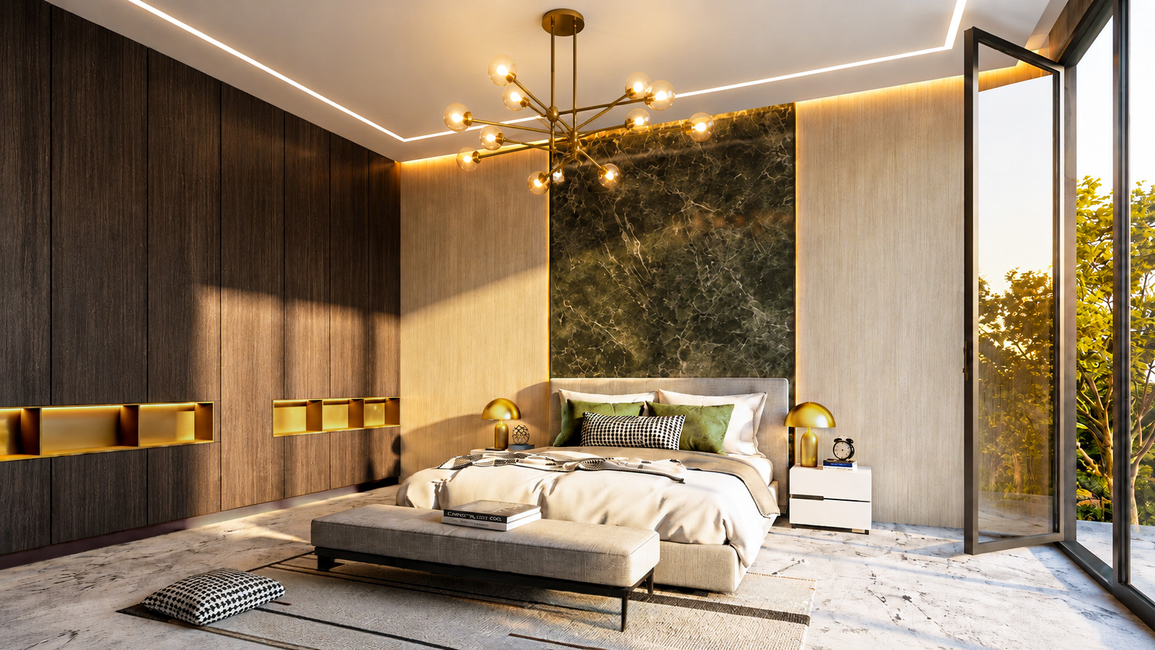 Villa bedroom with dark timber joinery and marble flooring