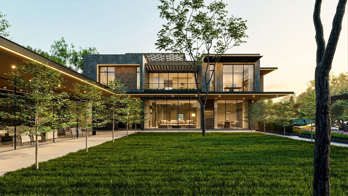 Rear courtyard perspective with warm timber and brick architecture
