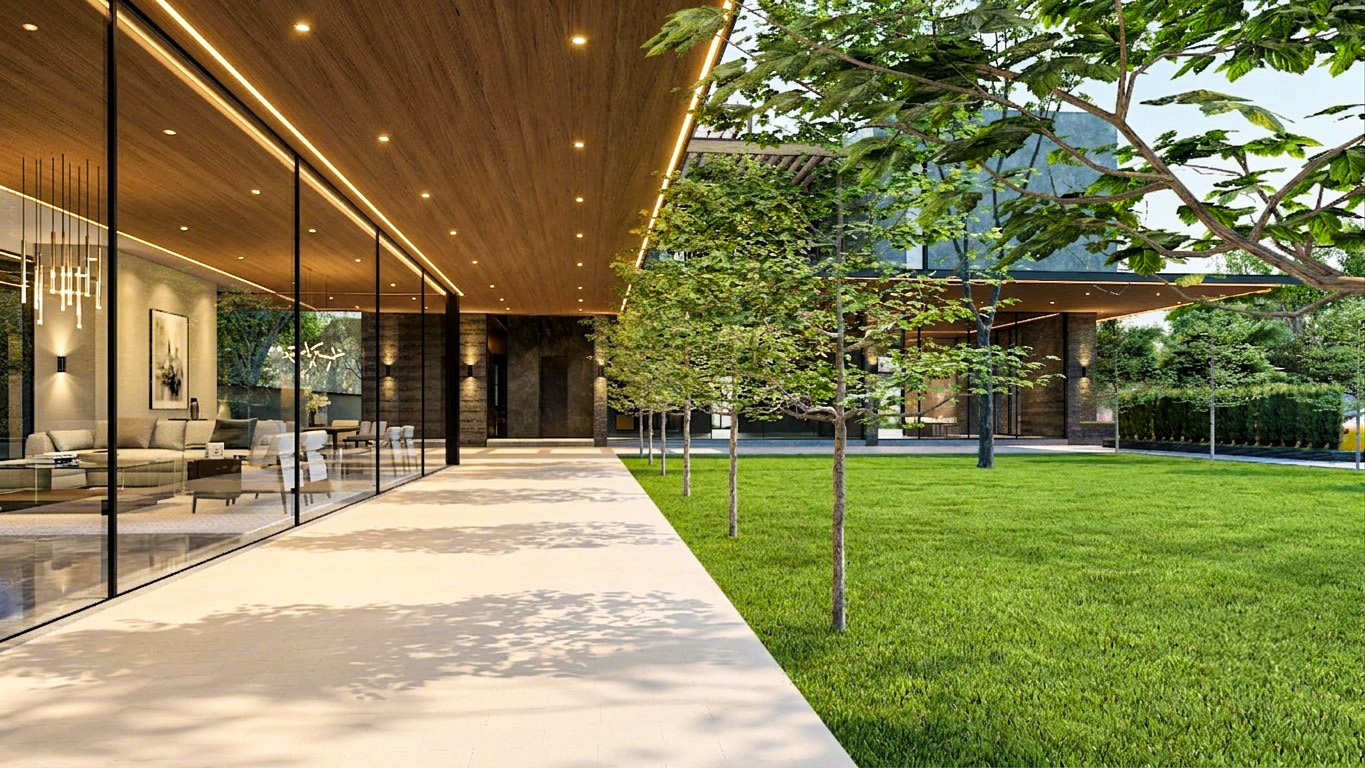 Landscaped courtyard walkway beside floor-to-ceiling glazing