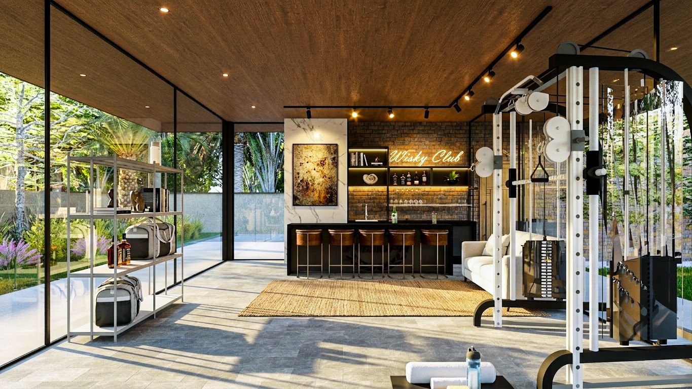 Private gym lounge and bar surrounded by full-height glass