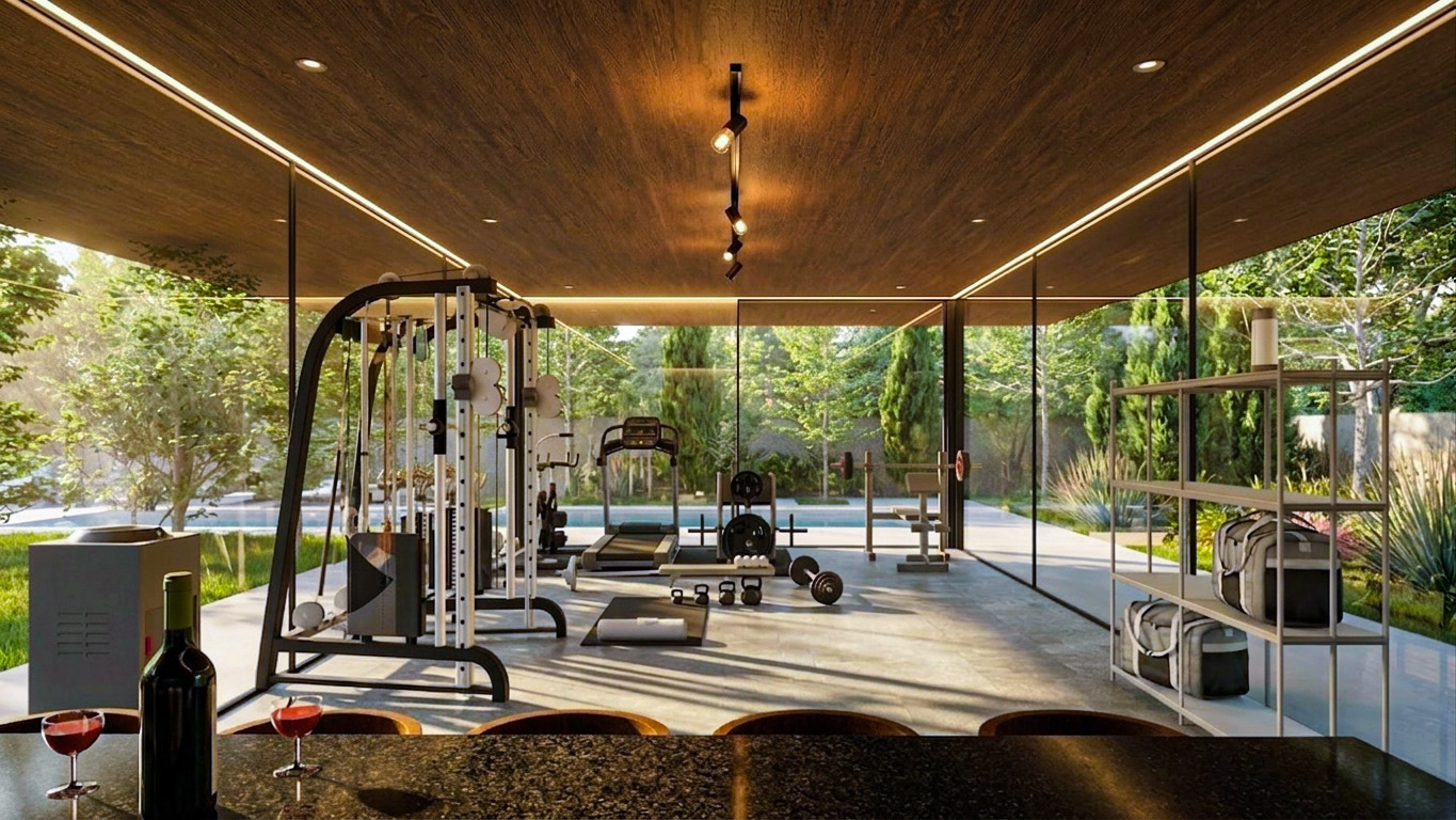 Glass-walled private gym overlooking the swimming pool