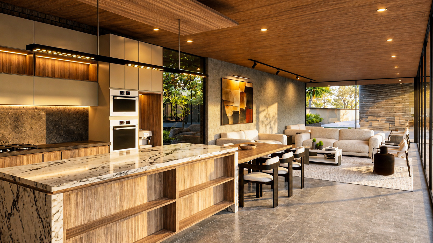Open kitchen and living area with marble island and timber ceiling
