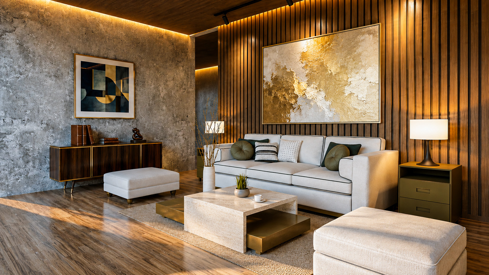 Warm contemporary lounge with textured stone and timber wall finishes