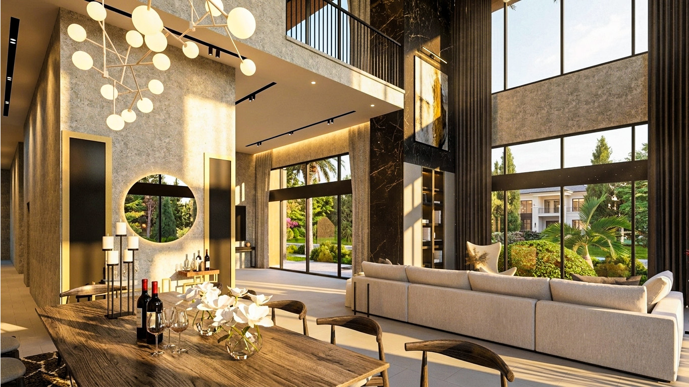 Double-height main living hall and dining space with garden views