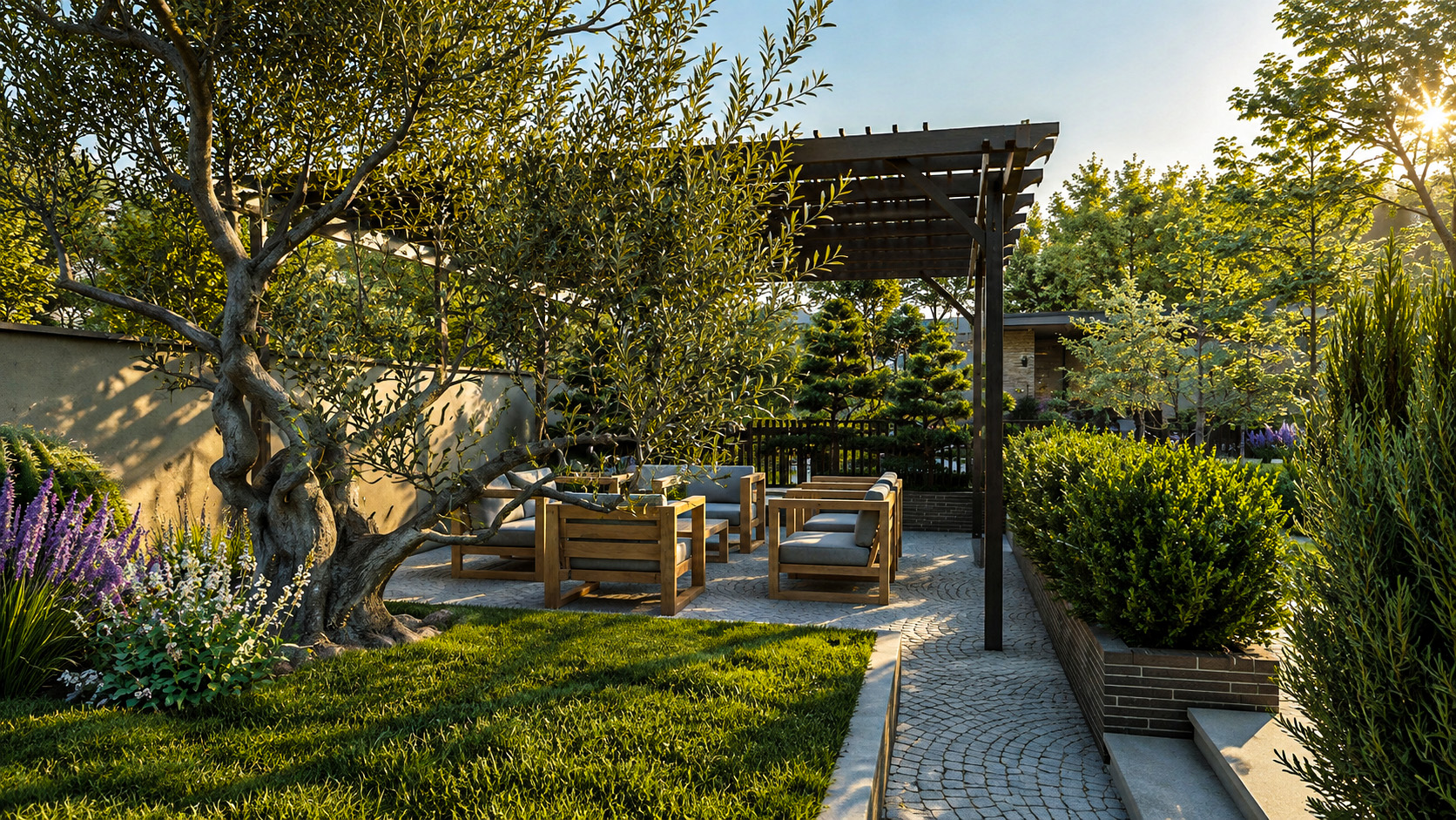 Secluded outdoor sitting area framed by mature planting