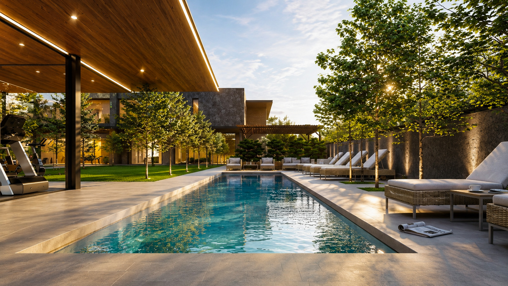 Swimming pool, shaded terrace, and landscaped garden in daylight