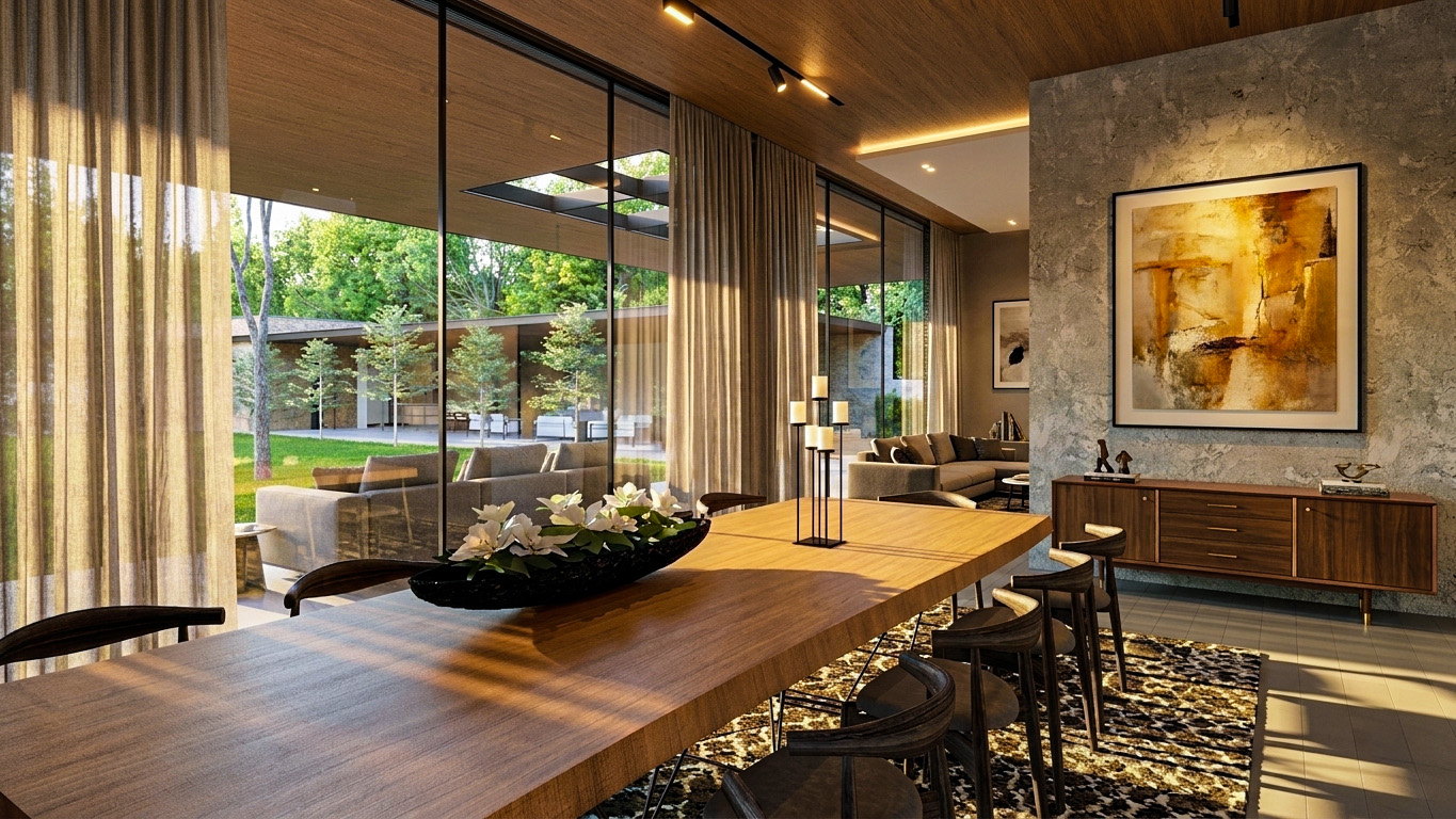 Private dining room with natural timber and stone finishes